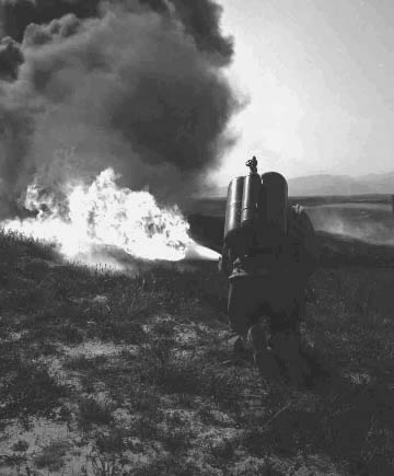 554. Sgt. Fredericks demonstrates flamethrower use.